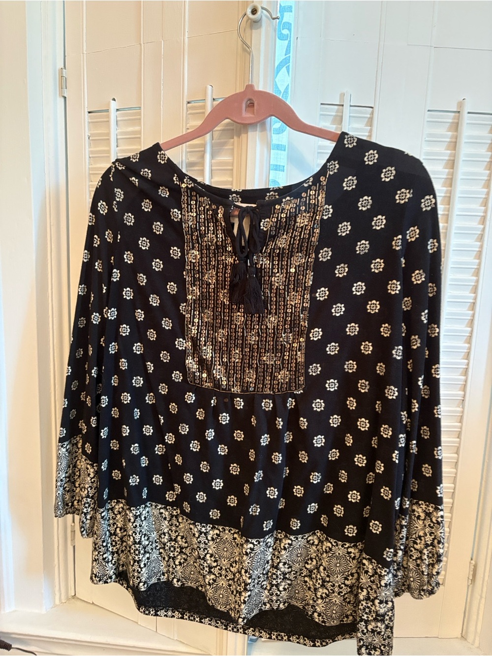 Chico's Black and Cream Mixed-Print Peasant Tunic